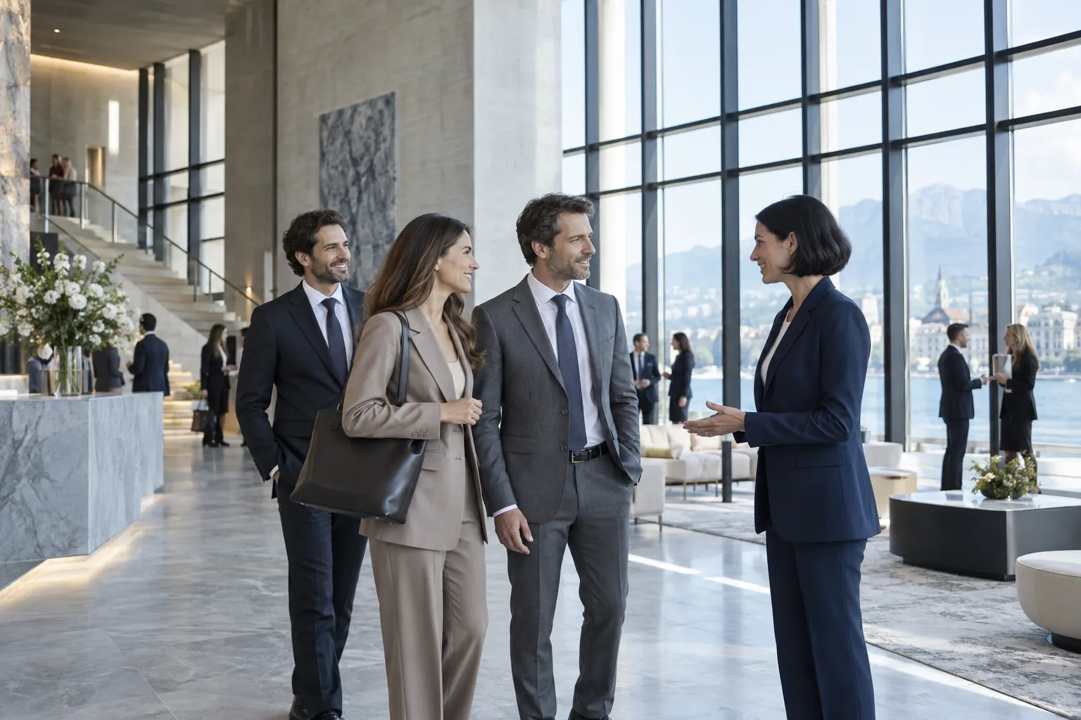 An ambassador welcoming international business delegates in a bright contemporary convention venue