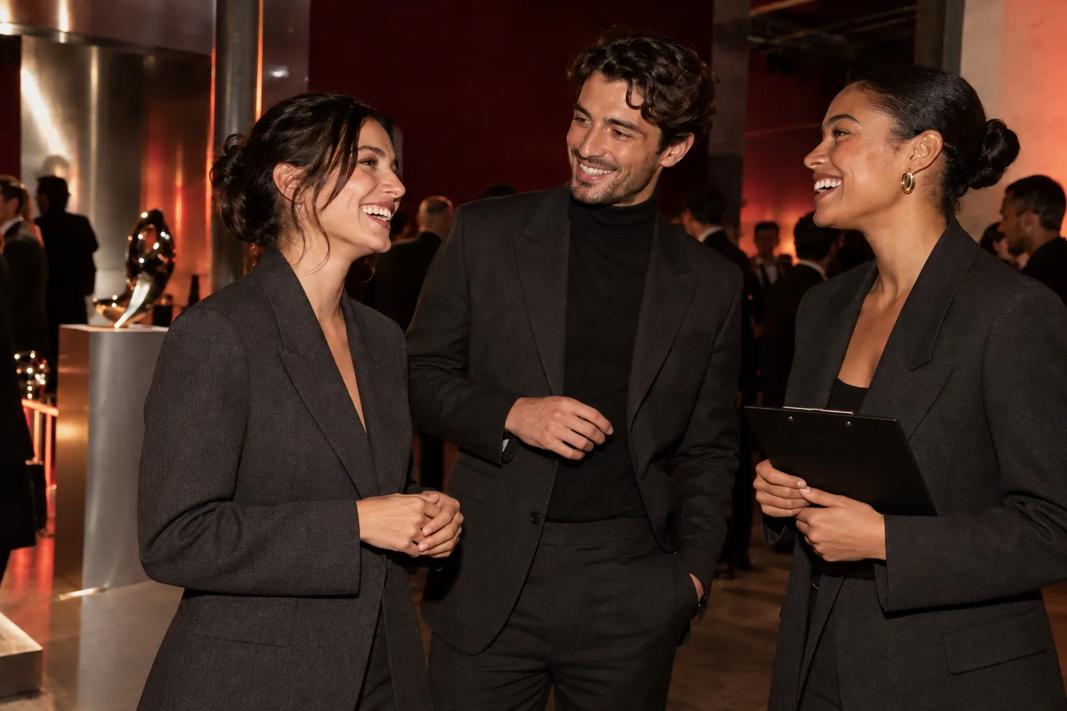 Three event ambassadors in charcoal tailoring sharing a warm moment during their team briefing