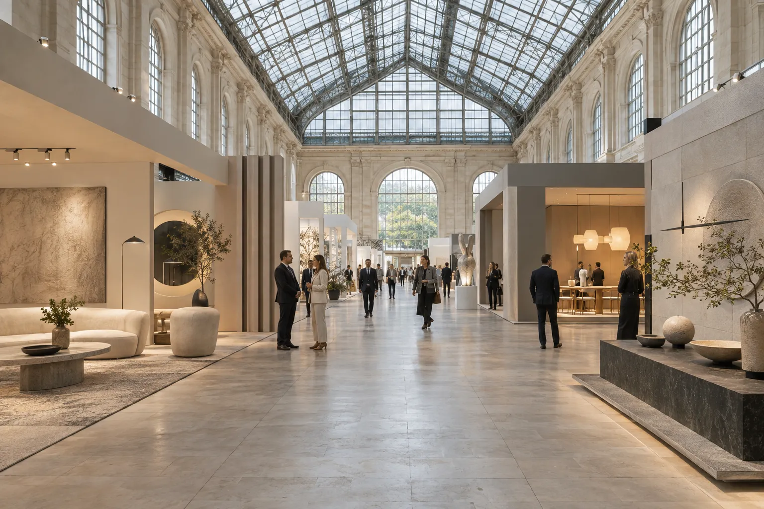Visitors meeting beneath the glass roof of a European exhibition venue